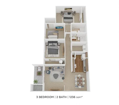 Floor plan Three Bedroom 2 Bath- 1236 sqft