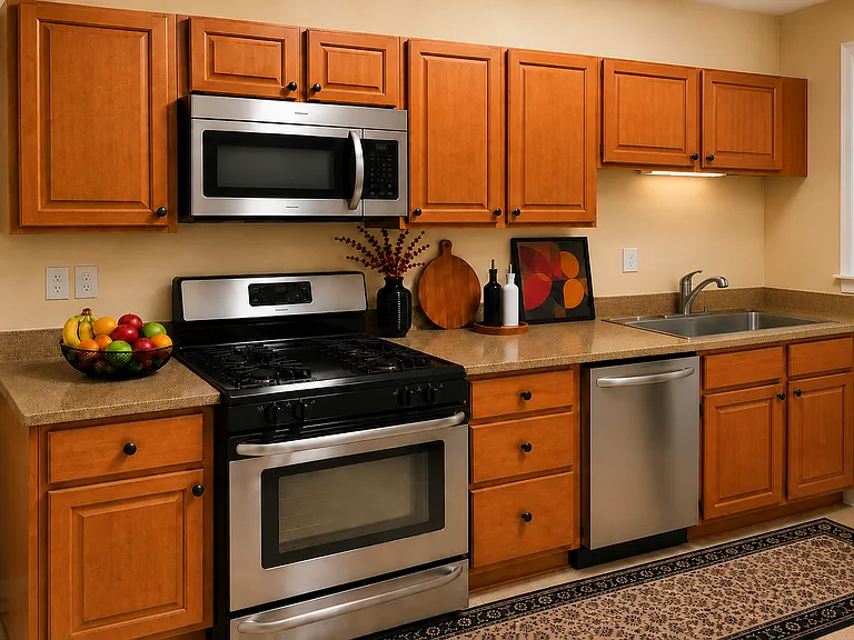Modern kitchen with wooden cabinets and stainless steal appliances.