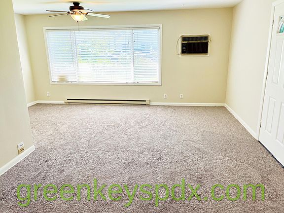 New carpet in living room, ceiling fan