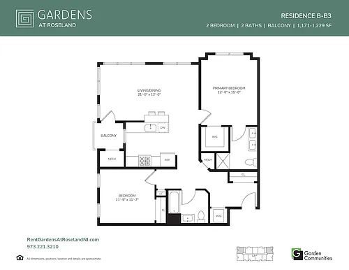 Floor plan Two Bedroom Apartment with Balcony B-B3