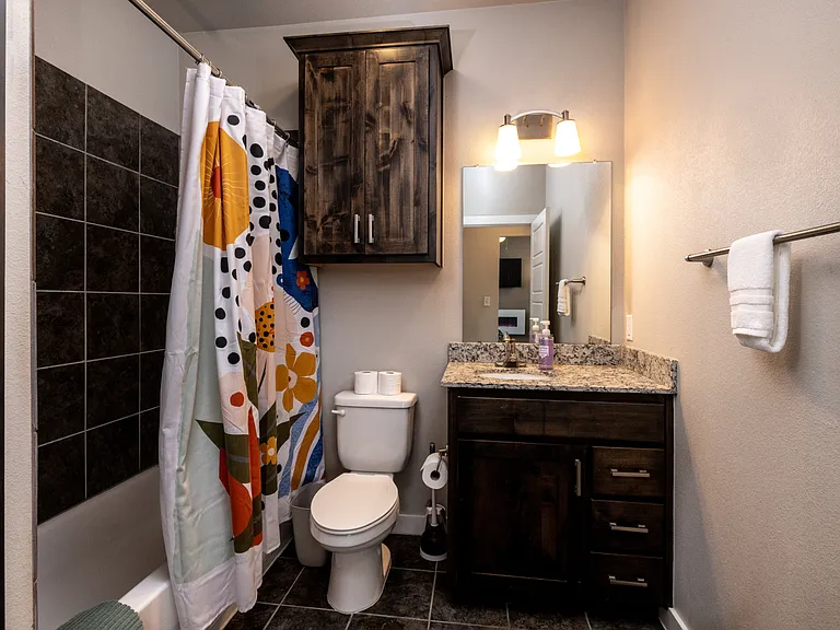 Bathroom 1 is located on the first floor and has a tub/shower combo with cabinet sink and mirror.