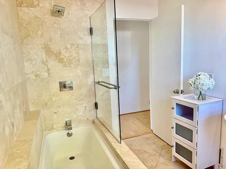 Travertine marble Tub-Shower -Primary Bathroom