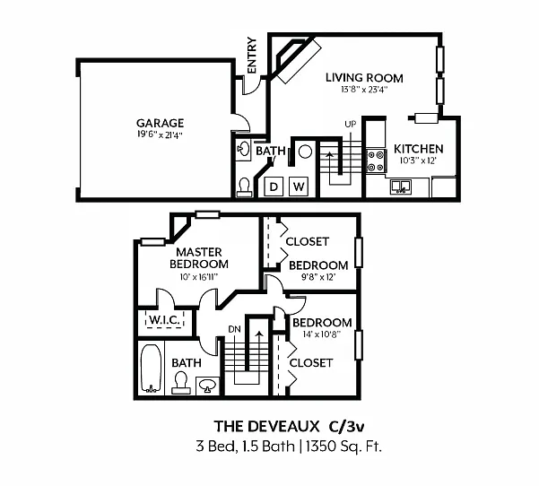 Floor plan 3 Bedroom 1.5 Bath - Deveaux Classic