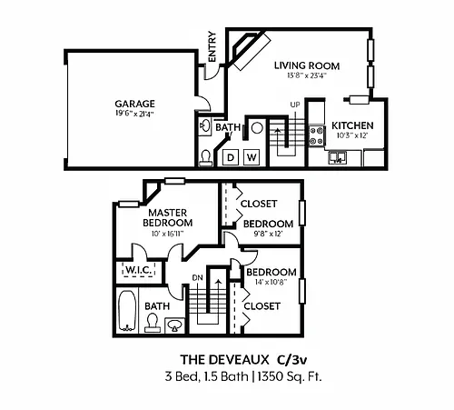 Floor plan 3 Bedroom 1.5 Bath - Deveaux Classic