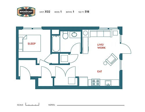 Floor plan 1 Bedroom 1 Bathroom x02