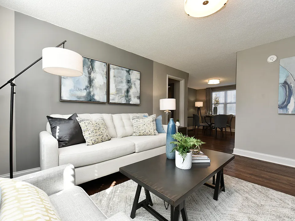 Spacious living room with hardwood-style flooring