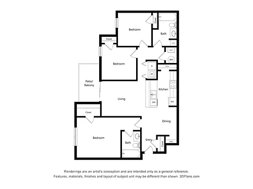 Floor plan Three Bedroom I Apartment (Income-Restricted)