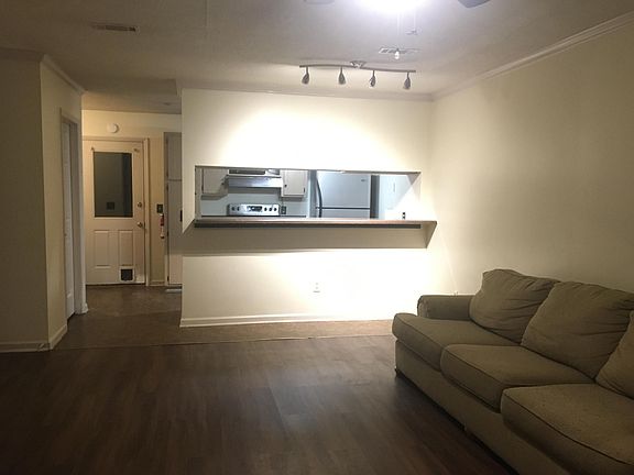 Living room, kitchen & back door.