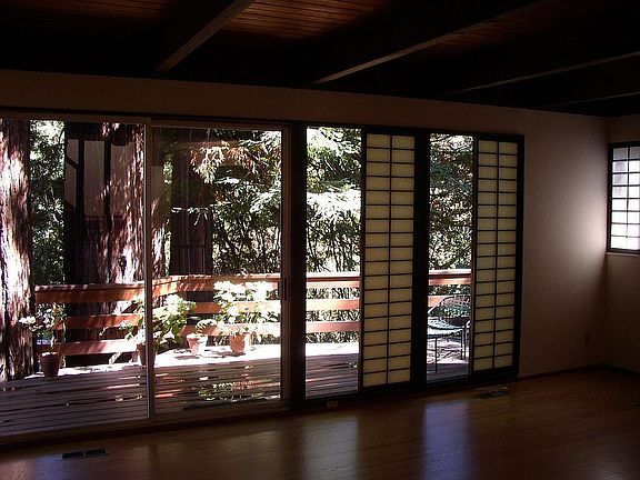 Living room, deck & redwoods