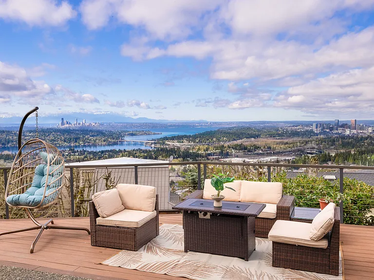Take in panoramic views of the Bellevue skyline and lake from the deck, a perfect spot to unwind with a cup of coffee.