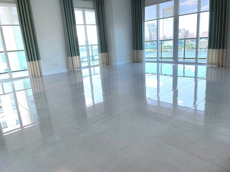 Features view, 30"x30" porcelain tiles and custom window treatments