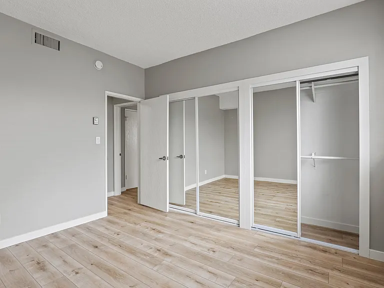 Bedroom with Mirrored Closets and Vinyl Flooring