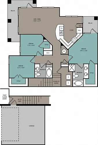 Floor plan THC1U 3B Upper Townhome 2C Garage