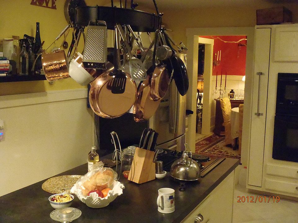 Island and pot rack 
