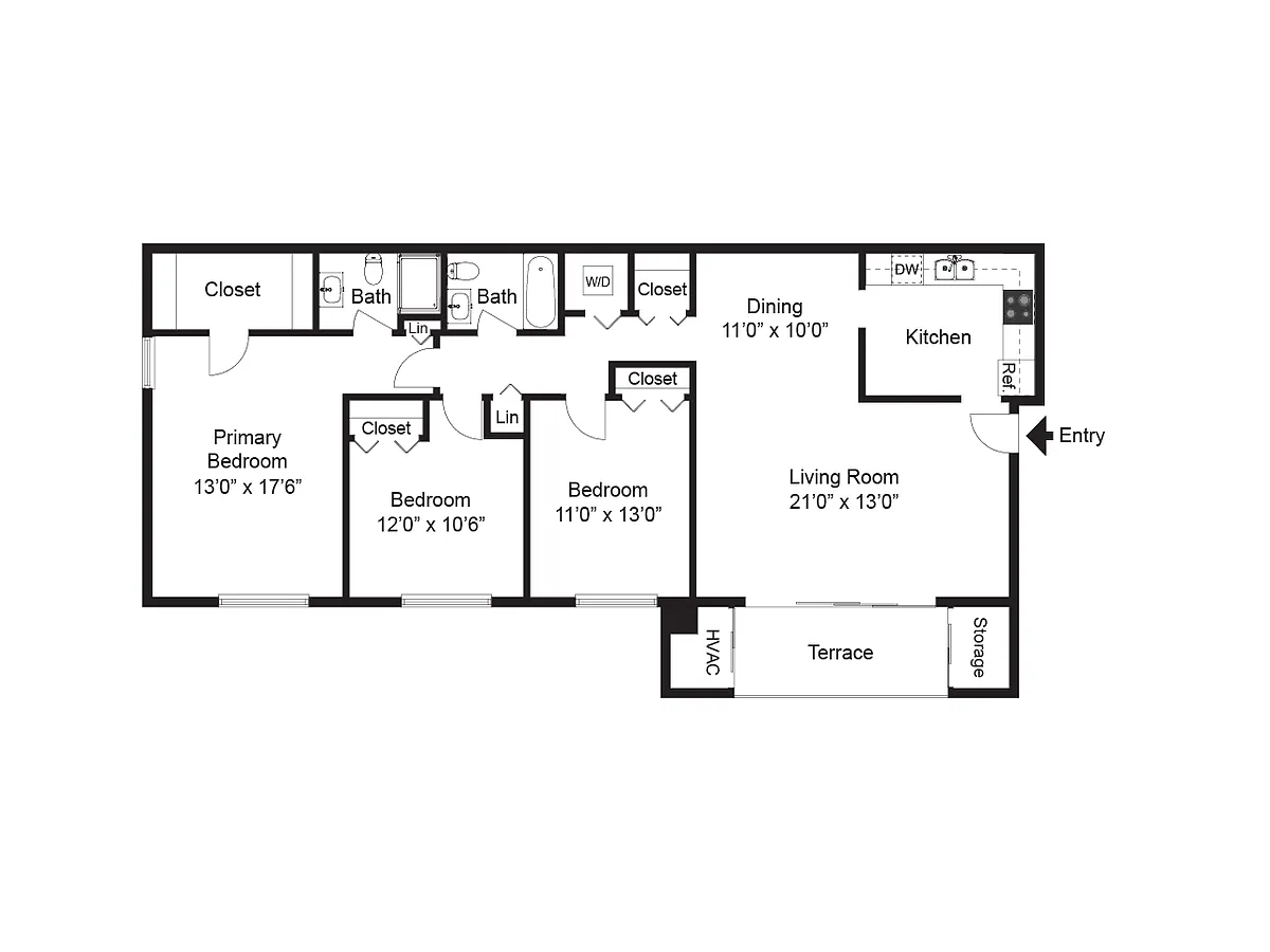 Floor plan Three Bedroom Two Bath