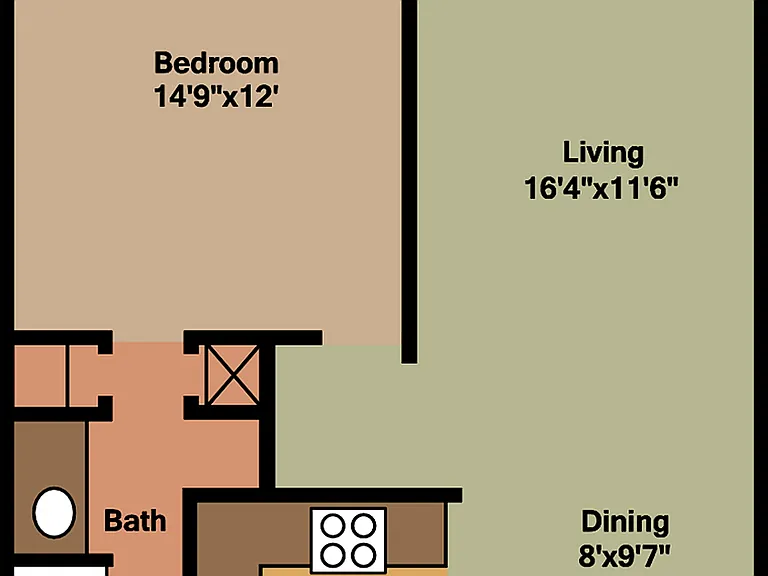 Inviting floor plan showcasing a spacious bedroom, a cozy bath, a well-equipped kitchen, and a combined living and dining area leading to a relaxing patio. Inviting floor plan showcasing a spacious bedroom, a cozy bath, a well-equipped kitchen, and a comb