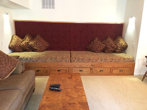 2 x 6ft Memory Foam Mattresses, tufted cushioned back with Storage Drawers in custom oak wood nook!