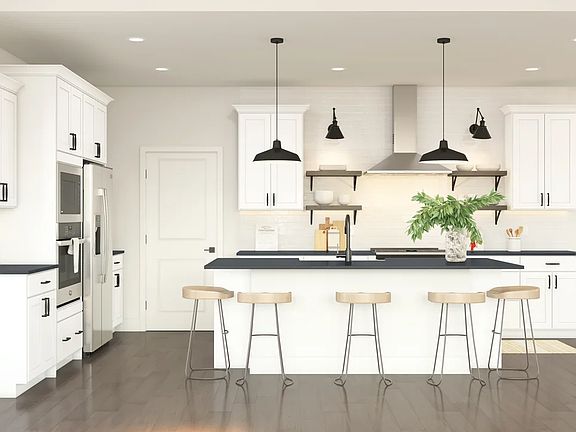 Kitchen with floating shelves and pendant lighting
