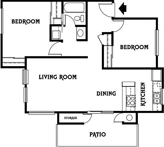 Charming floor plan showcasing 2 bedrooms, a modern kitchen with dining area, spacious living room, and inviting patio. Charming floor plan showcasing 2 bedrooms, a modern kitchen with dining area, spacious living room, and inviting patio.