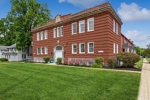 Historic restored 1912 National Guard Armory building in downtown Woodstock Illinois
