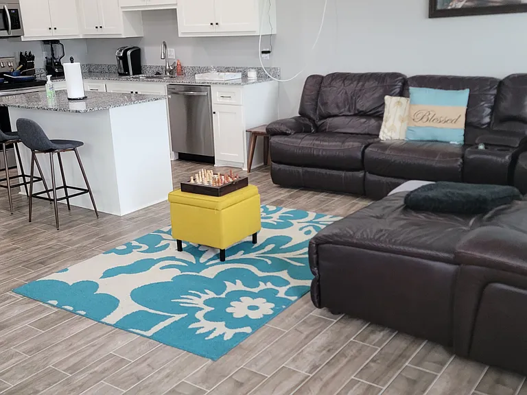 living room, kitchen, dining room