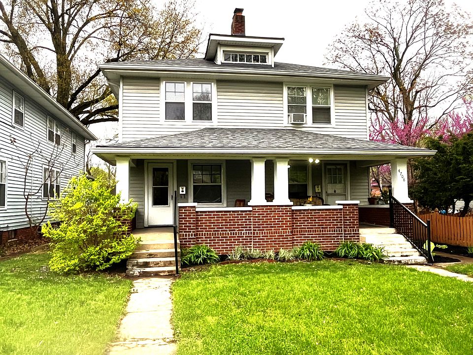 Street view. Left side of duplex w covered porch area. Gas heat and central air (A/C and energy efficiant Heat furnace replaced in 2020). New Roof installed in 2024.