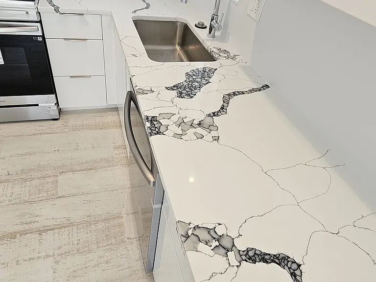 Just look at those super fabulous bold countertops above the dishwashe..