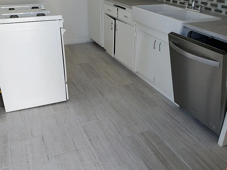 Kitchen, Gas stove and stainless steel dishwasher.