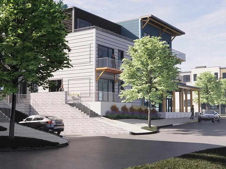 Artist rendering of the exterior of Westport Crossing and the entrance to the underground parking lot for buildings 1 & 2