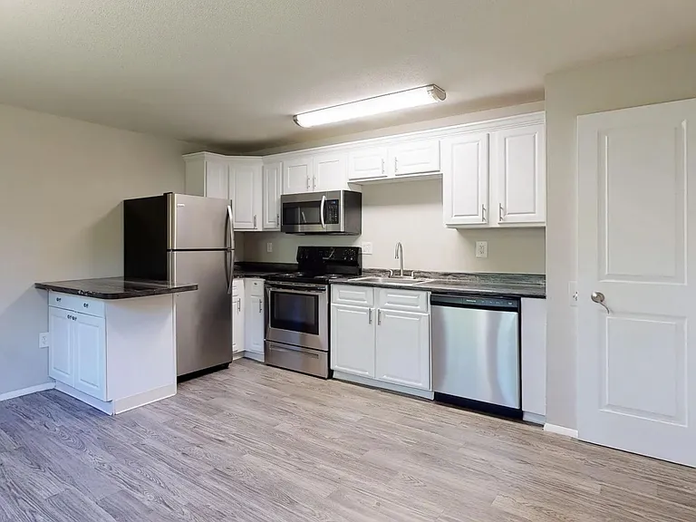 With an open layout, this kitchen includes updated appliances, a large countertop extension, and luxury vinyl flooring.