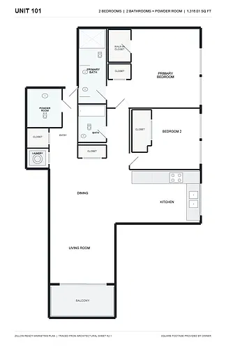 Floor plan 2 Bed- 2 and Half Bath- Plan 101
