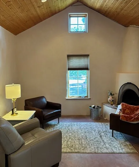 Living room space with working fireplace. Main heating is radiant heat and not the fireplace. This fireplace is used for ambiance.