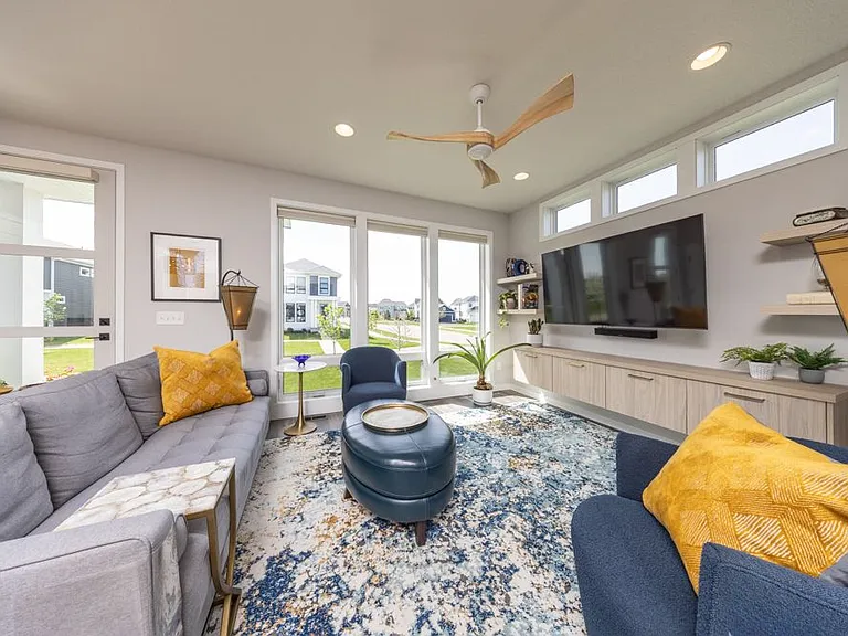 Huge windows and floating built in shelves