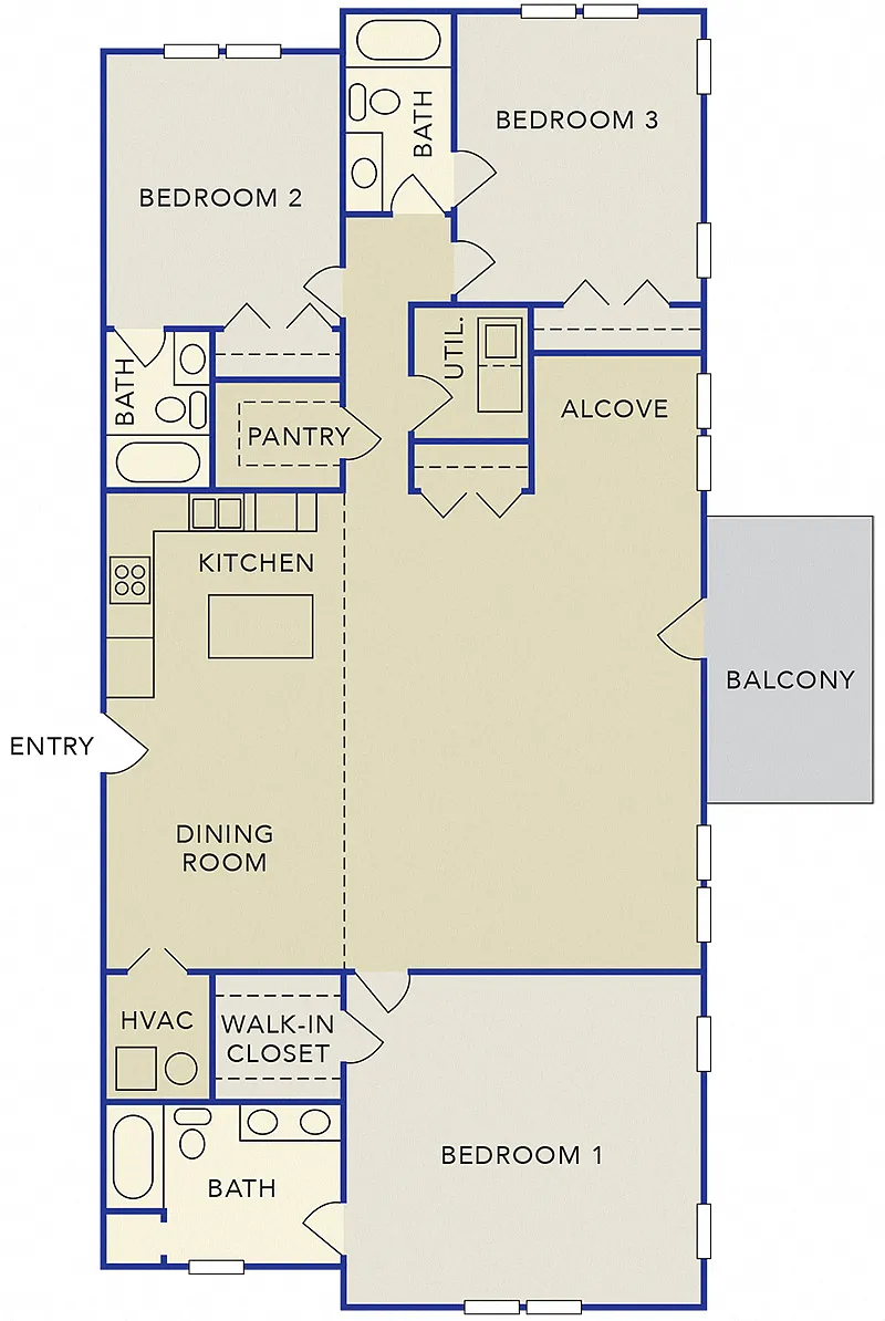Floor plan *New Construction* Three-Bedroom Apartment