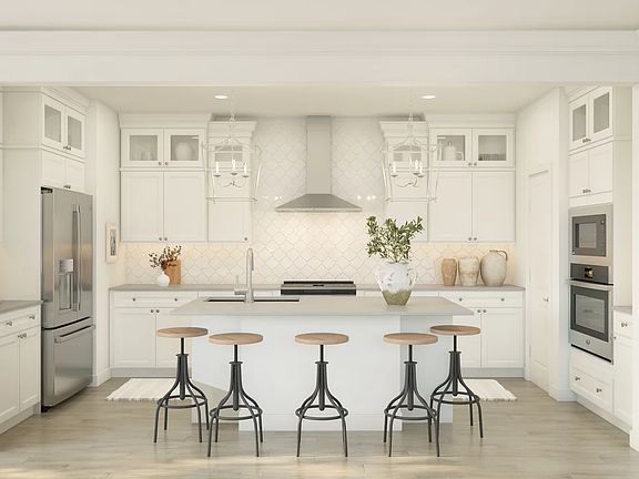 Kitchen with pendant lighting and glass upper cabinets