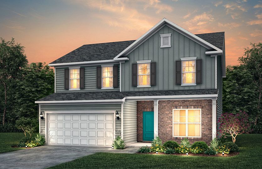 Aspire Exterior LC2M features hardie board siding, brick, covered porch and 2 car garage