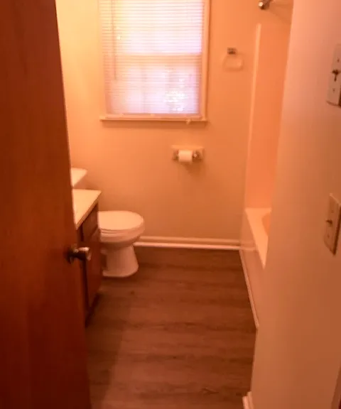 Bathroom has inlaid flooring