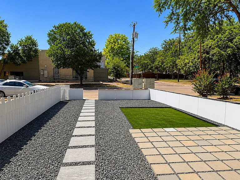 Amazing front yard with no-maintenance hardscape landscaping