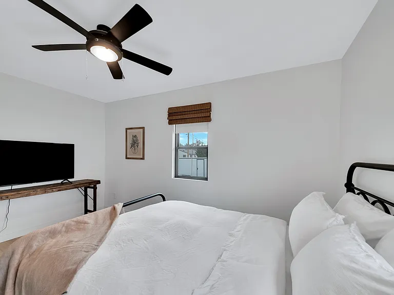Main floor bedroom with queen bed, closet, TV.