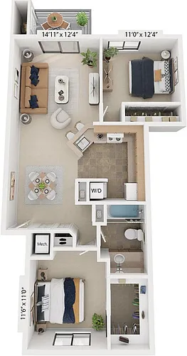 Floor plan Front-to-Back Two Bedroom