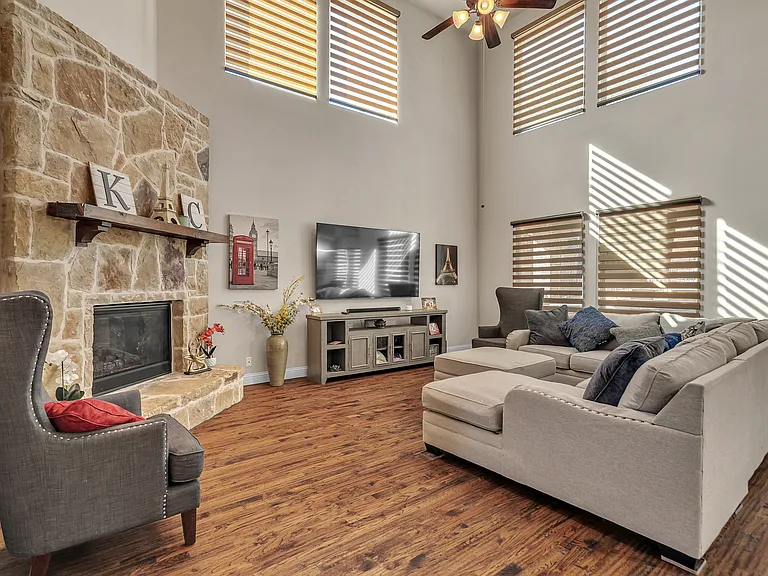 Cozy Living Room with Remote Controlled Electric Blinds