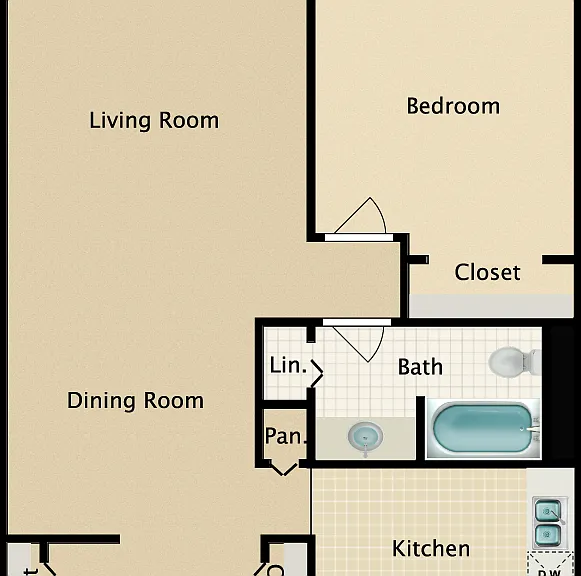 1 Bed 1 Bath Floorplan Diagram