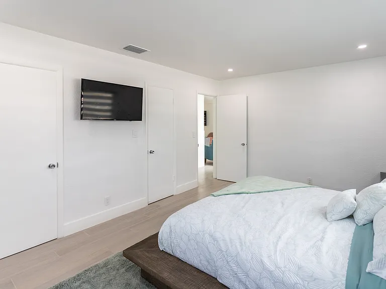 Master bedroom with closed bathroom door to the left and closet door to the right of tv