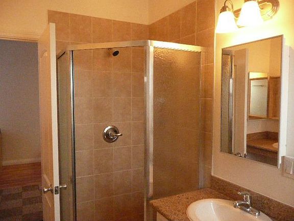 typical bathroom shower. bathroom has tub also. 