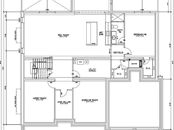 Large Basement floor plan with theater room, exercise room, wine cellar, and full bedroom
