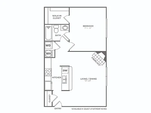 Floor plan One Bedroom One Bath (643 SF)