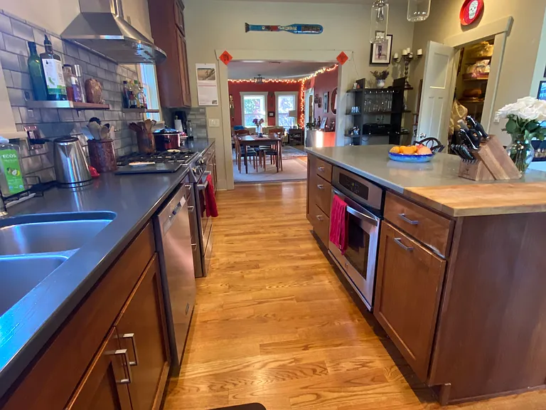 View of kitchen with large pantry door open, gas range on left, electric oven in island