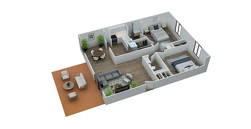 Floor plan 2 Bed, 2 Bath (975 Sq. Ft.)