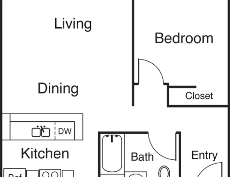 1 Bed 1 Bath A Floorplan Diagram