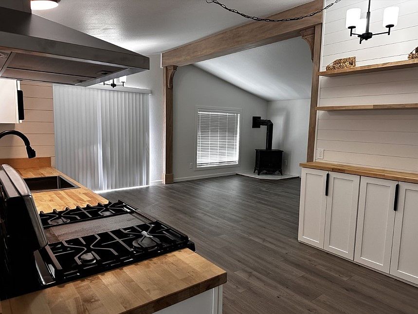 Kitchen, coffee bar, dining room, living room